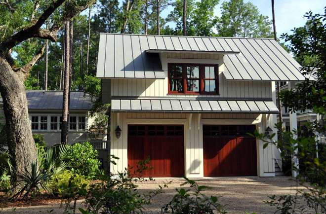 Garage Wood siding, metal roof and dormer window garage ideas. Siding is reverse board and batten cypress. Garage size is 26 x 26. Metal roof is zinc and that is it's natural color. Paint colors Siding is Oyster Sheel by Glidden 43YY78/053. the trim is Snowy Egret PWN-50 by Behr and the windows and doors are Alaskan Yellow Cedar with a mahogany stain. Frederick + Frederick Architects