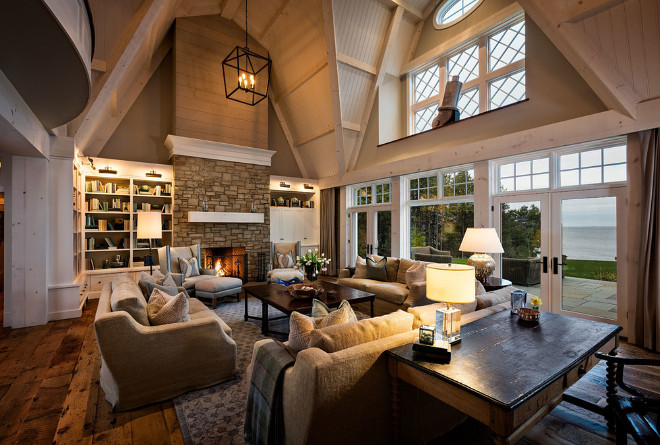 Great room windows and ceiling. Lake house Great room windows trim and beadboard ceiling. Lake house Great room windows trim and beadboard ceiling. Gorgeous lake house great room with wide plank hardwood floors, stone fireplace and beadboard ceiling. Lake house Great room windows trim and beadboard ceiling #Lakehouse #Greatroom #windows #windowtrim #beadboardceiling Mitch Wise Design,Inc.