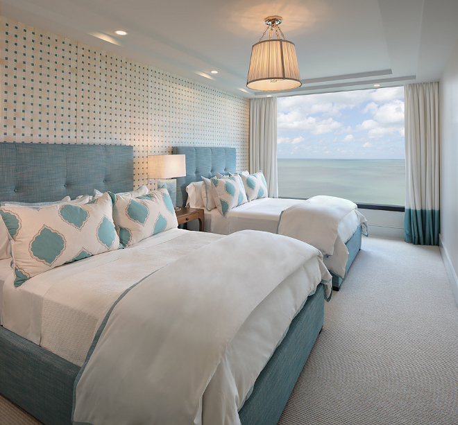 Grey Blue and Turquoise Bedroom. The inspiration for this bedroom was a Tiffany blue jewelry box. The designer used a woven crepe wallcovering laid over Sherwin Williams Raindrop paint for a unique application. We love how the custom ombre stationary drapery panels mimic the sea and open. Grey Blue and Turquoise Bedroom. Grey Blue and Turquoise Bedroom. Grey Blue and Turquoise Bedroom #GreyBlue #Turquoise #Bedroom W Design