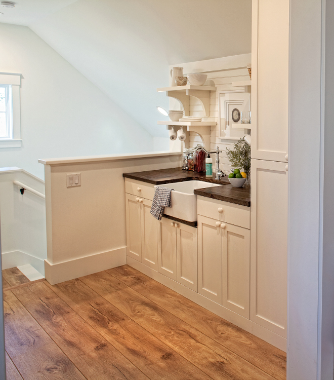 Kitchenette. Farmhouse Kitchenette. This kitchenette is not only beautiful but very practical with its own sink and plenty of cabinetry. Paint color is Benjamin Moore "White". Kitchenette. Kitchenette. Kitchenette #farmhouseKitchenette #Kitchenette Lisa Furey of Barefoot Interiors