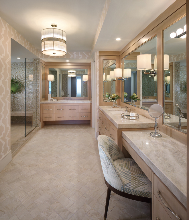 Master Bathroom. Master bathroom textures. The master bath features custom bleached walnut cabinetry with a mosaic glass shower and herringbone porcelain travertine floor. Master bathroom #Masterbathroom W Design