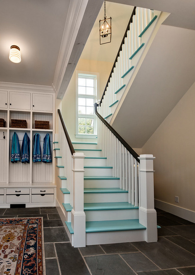 Painted Stair treads. Turquoise Painted Stair treads. Painted Stair treads. Painted Stair tread ideas #PaintedStairtreads #Stairtreads #paintedstairs Mitch Wise Design,Inc.
