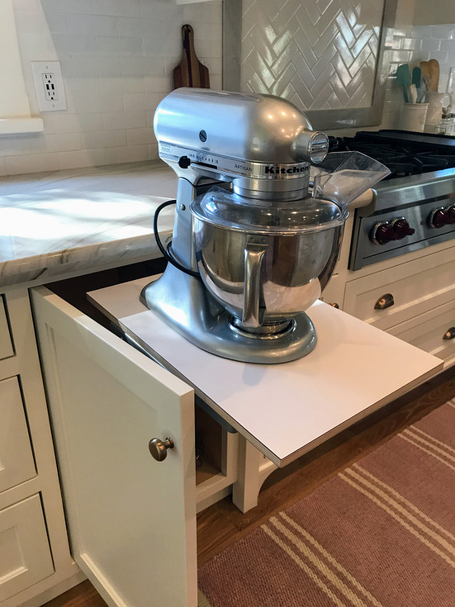 Pull Out Baking Station. Kitchen Pull Out Baking Station. This custom baking station has a base mixer shelf that swings up from the base kitchen cabinet. Pull Out Baking Station. Kitchen Baking Station