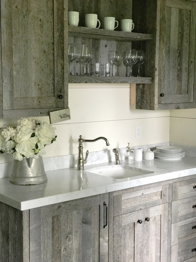 Reclaimed Barnwood Butlers Pantry Cabinet with white marble countertop and shiplap backsplash. Beautiful Homes of Instagram @SanctuaryHomeDecor