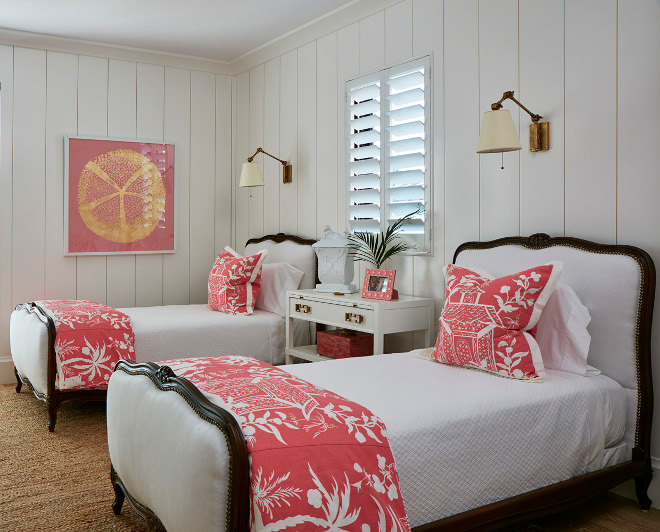 White and coral bedroom. White and coral bedroom with vertical shiplap paneling #coral #verticalshiplap Pineapples Palms, Etc