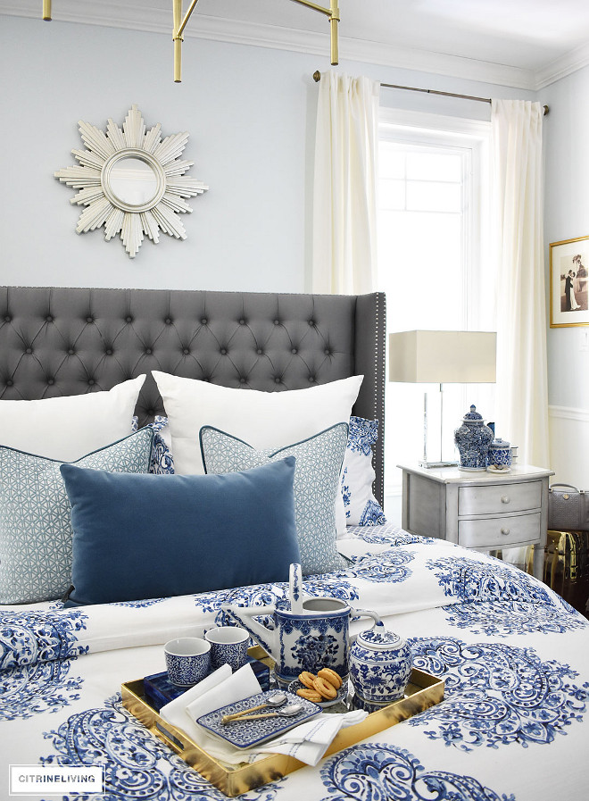 blue-and-white-bedding-accessories-ginger-jar-sunburst-mirror-gold-tray Beautiful Homes of Instagram @citrineliving Home Bunch