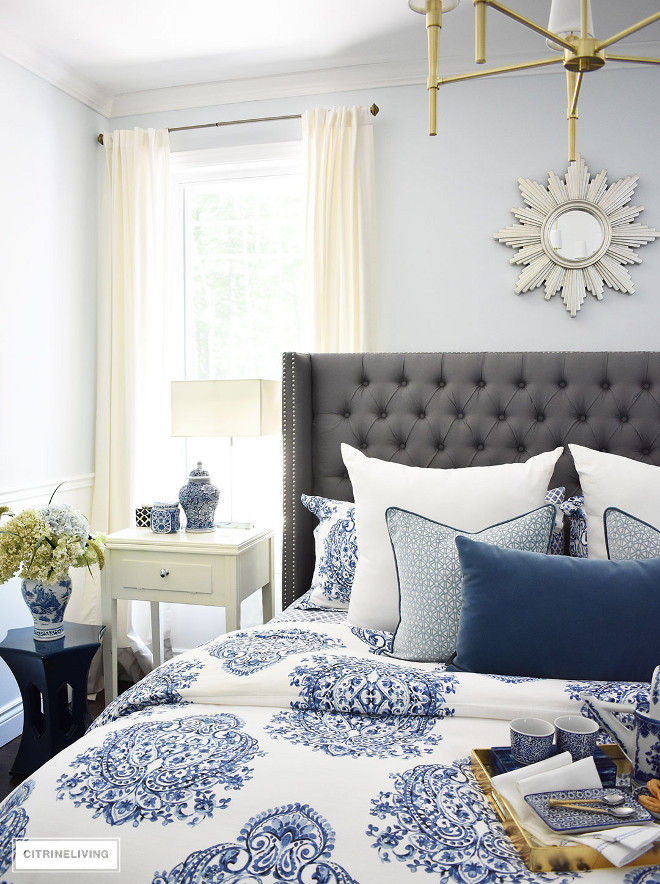blue-and-white-bedding-and-accessories-ginger-jars-vase-hydrangeas-sunburst-mirror Beautiful Homes of Instagram @citrineliving Home Bunch
