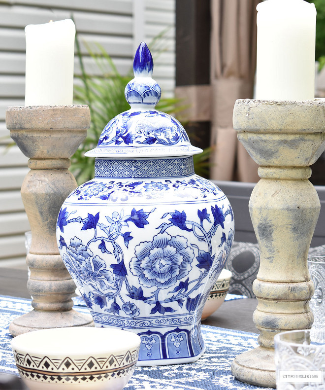 blue-and-white-ginger-jar-and-pillar-candleholders-outdoor-tablescape Beautiful Homes of Instagram @citrineliving Home Bunch