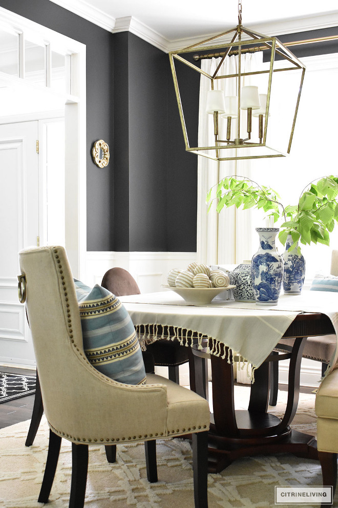 dining-room-upholstered-chairs-blue-striped-pillow-lantern-pendant-light-darlana Beautiful Homes of Instagram @citrineliving Home Bunch