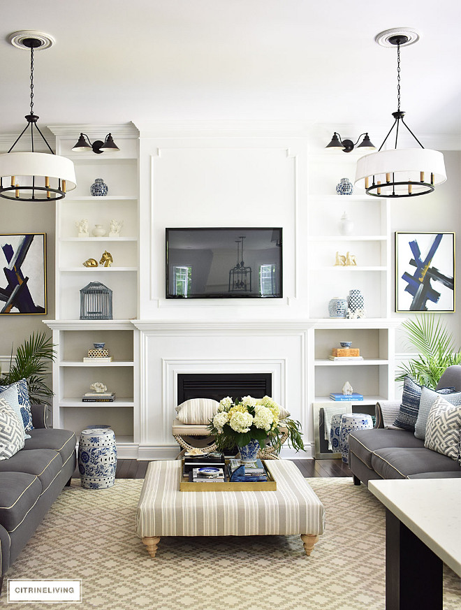 living-room-with-drum-shade-chandeliers-fireplace-sconces Beautiful Homes of Instagram @citrineliving Home Bunch