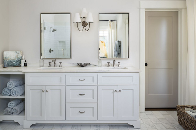 Bathroom features a custom shaker style vanity painted in Benjamin Moore White Dove. Grey Door is Benjamin Moore Revere Pewter HC-172 Willow Homes