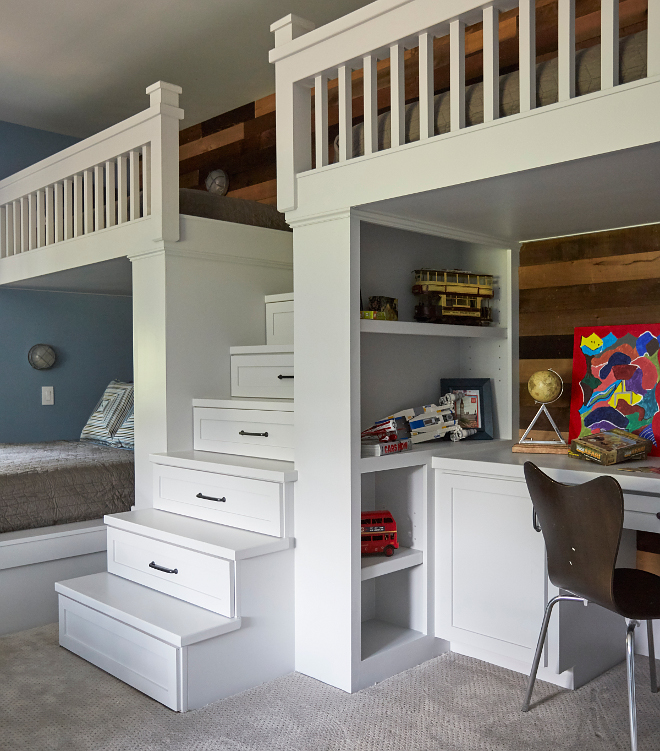 Bunkbed built in ladder. This fun bunk room features built-in bunk beds, desk area and reclaimed shiplap. Bunkbed built in ladder. Bunkbed built in ladder. Bunkbed built in ladder. Bunkbed built in ladder #Bunkbedladder Morning Star Builders