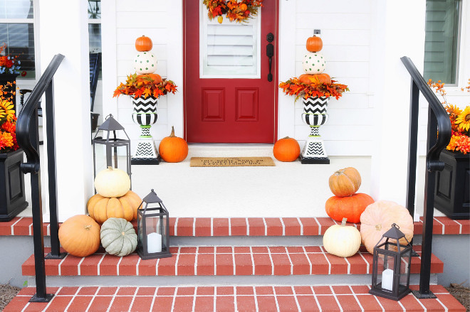 Creative fall decor with faux pumpkins and chevron planters. Chevron Planters are Zoey Urns from Grandin Road. Who is Victoria Taylor