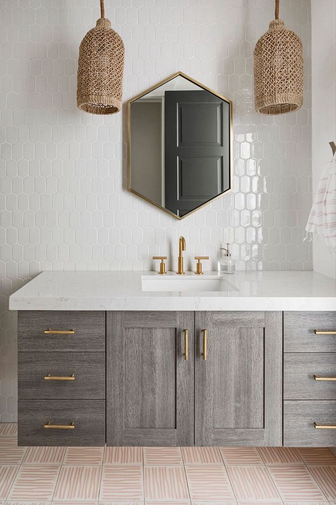 Girls Bathroom with greywashed oak vanity, Floor tile is Laid in an alternating pattern. Floor tile is Cle Tile -Cement Tile- Encaustic Victoria Larson, laid in an alternating pattern. The lotus wall tile is Villa Heirloom Linen Lotus Porcelain Mosaic #Girlsbathroom #tile #patternedtile #bathroom #oakvanity A Finer Touch Construction