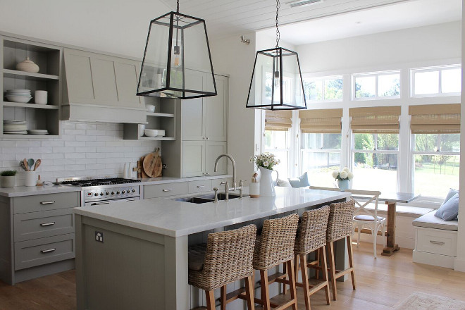 Grey kitchen with white breakfast nook banquette. Grey kitchen with white breakfast nook banquette. Grey kitchen with white breakfast nook banquette. Grey kitchen with white breakfast nook banquette #Greykitchen #whitebreakfastnook #banquette Beautiful Homes of Instagram @urban_farmhouse_build