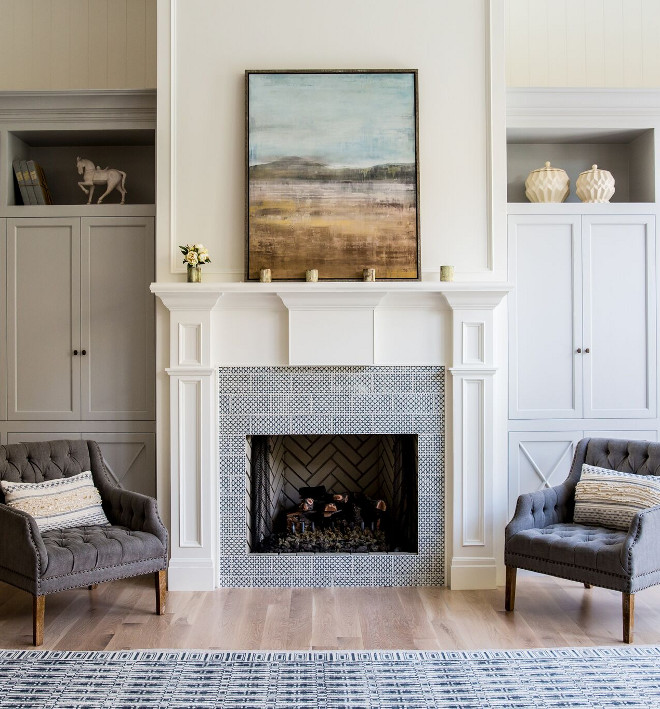 Patterned Fireplace Tile. The fireplace patterned tile is Pratt Larson 5x10 Sgraffito DPW5 with indigo. Patterned Fireplace Tile. Patterned Fireplace Tile. Patterned Fireplace Tile #PatternedFireplaceTile #patternedtile Caitlin Creer Interiors. C. S. Cabinetry & Design