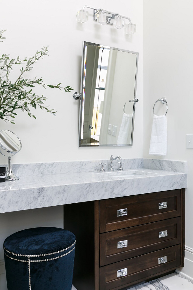 Bathroom vanity hardware. Bathroom vanity hardware ideas. Vanity Details: Stained maple vanity with espresso stain. Cabinetry: Flush inset drawers. Countertop is Carrara Marble Polished Bathroom vanity hardware #Bathroom #vanity #hardware Ramage Company
