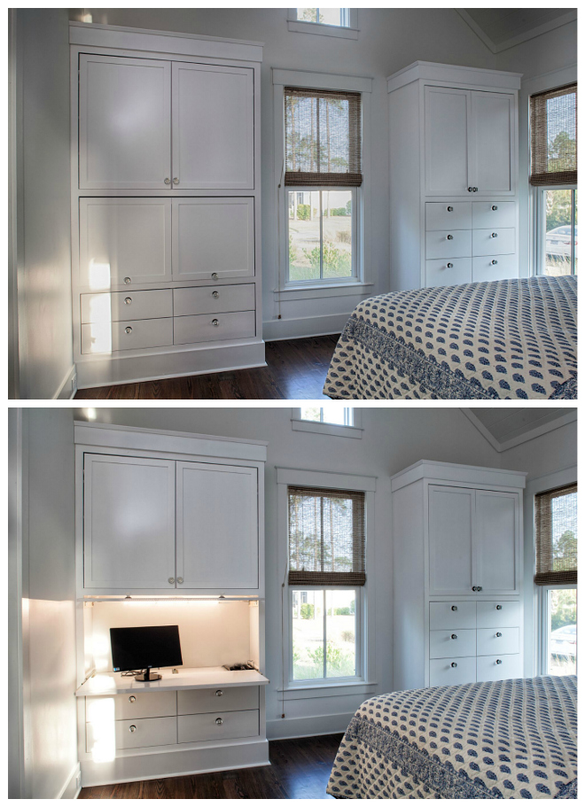 Bedroom built in ideas. When guests come or it is bedtime, we push it all in and close the retractable door so we have a nice, clean look - no wires, no monitors, etc! This is one of my favorite things. Barefoot Interiors Lisa Furey