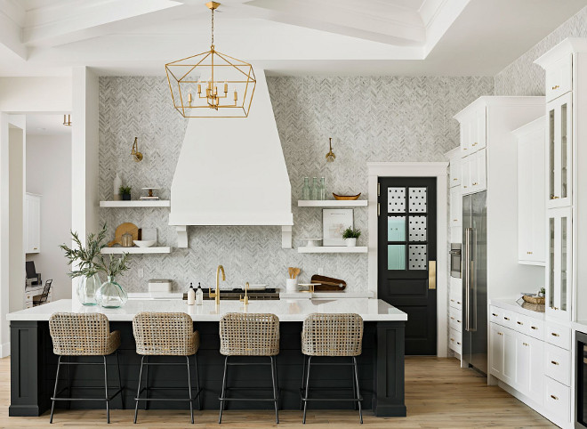 Black and white kitchen. Black and white kitchen. Counterstools are Bailey Woven Stool from Ballard Designs. Black and white kitchen. Black and white kitchen. Black and white kitchen #Blackandwhitekitchen A Finer Touch Construction