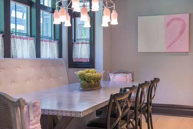 Breakfast Room with custom banquette Breakfast Room with custom banquette Grey and pink Breakfast Room with custom banquette #BreakfastRoom #custombanquette #grey #blush #pink