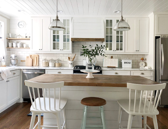 DIY Kitchen Shiplap Island Farmhouse DIY Kitchen Shiplap Island, Our kitchen island is a DIY project using a double-vanity I found on Craigslist. With the help of a friend, we added the shiplap, baseboards, butcherblock top, and corbels. I don’t think anyone would know now that it was originally a bathroom vanity, DIY Kitchen Shiplap Island DIY Kitchen Shiplap Island Tutorial #DIYKitchenShiplapIsland #KitchenShiplapIsland