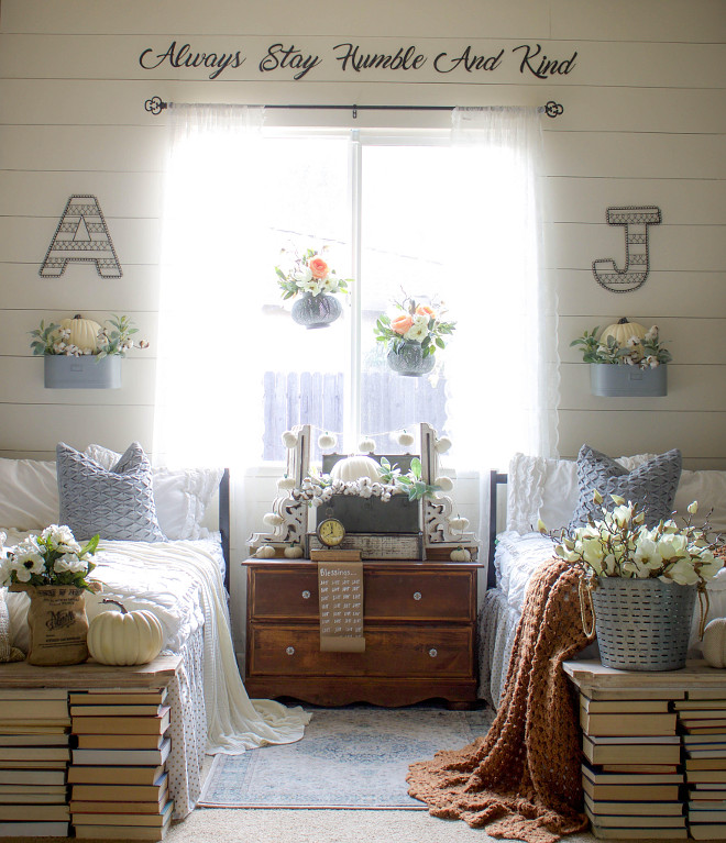 Farmhouse Kids Bedroom with Shiplap. Farmhouse Kids Bedroom with Shiplap, vintage furniture, antique books and wall decal @idreamofhomemaking