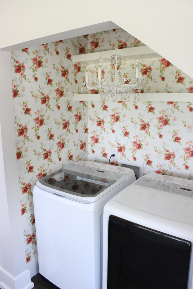 Floral Wallpaper Laundry room with floral wallpaper from Magnolia Magnolia Homes Heirloom Rose Heirloom Rose Wallpaper in Red and White from the Magnolia Home Collection by Joanna Gaines Beautiful Homes of Instagram Home Bunch @crateandcottage