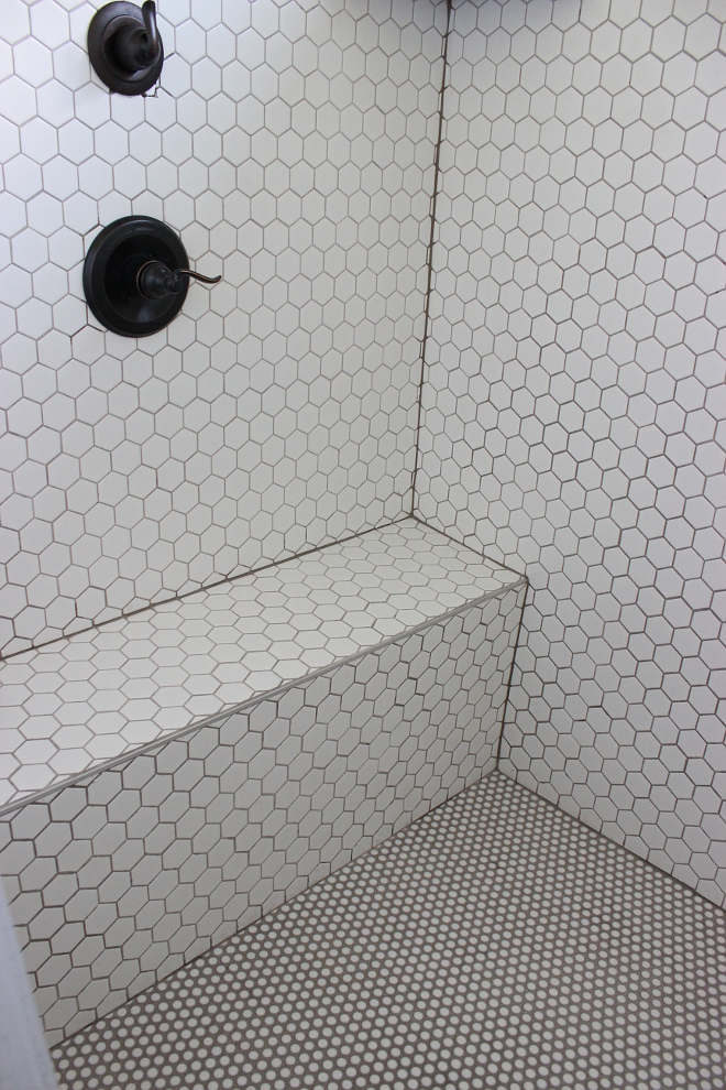 Hex Shower with penny floor tile We carried the penny tile into the shower and paired it with a hexagon white tile up the walls and ceiling Hex Shower with penny floor tile Hex Shower with penny floor tile Hex Shower with penny floor tile #HexShower #pennyfloortile Beautiful Homes of Instagram Home Bunch @crateandcottage