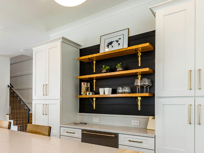 Kitchen bar cabinet with black shiplap wall and Rustic Wood Shelves and Brass Brackets from Rejuvenation #Kitchen #bar #cabinet #blackshiplap #RusticWoodShelves #BrassBrackets #Rejuvenation