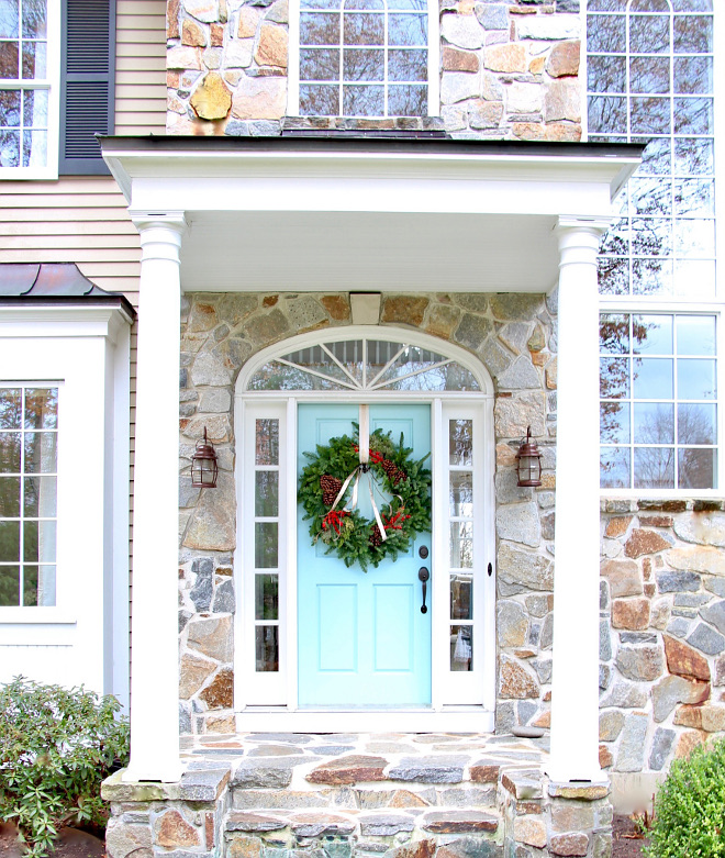 Light Turquoise Door Paint Color Benjamin Moore 723 Spring Rain decorated for Christmas with large wreath Benjamin Moore 723 Spring Rain
