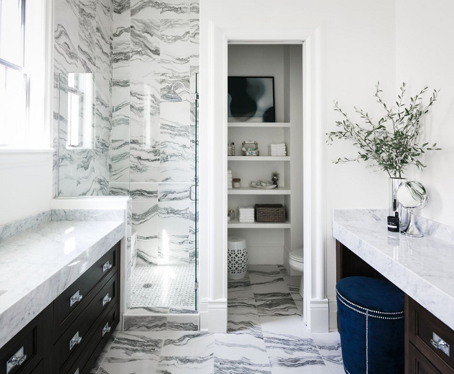 Master Bathroom floor and shower marble tile with separate water closet. Tile is Allora Polished Porcelain Field Tile from Artistic Tile Ramage Company