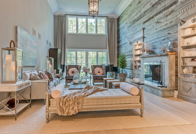 Modern Farmhouse East Hampton Modern Farmhouse Living room with reclaimed shiplap, I used reclaimed barn wood on the living room feature wall and beautiful wide plank oak floors throughout