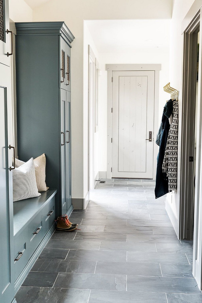 Mudroom Slate Floor Tile Farmhouse - Mudroom Slate Floor Tile This farmhouse features natural slate floor tile and light grey door and trim, painted in Benjamin Moore Chelsea Gray at 25% - Mudroom #SlateFloorTile #Mudroom Slate Floor Tile #farmhouse #mudroom