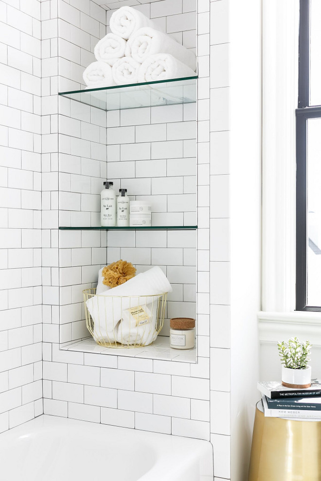 Shower Bath Niche with subway tile and glass shelves. Shower bath feature a niche with subway tile and glass shelves. Ramage Company