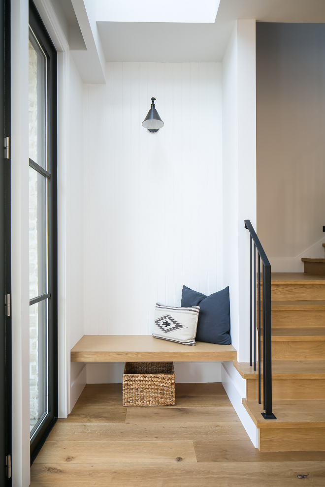 White Oak Floating Bench Both sides of foyer features White Oak Floating Benches #WhiteOak #FloatingBench