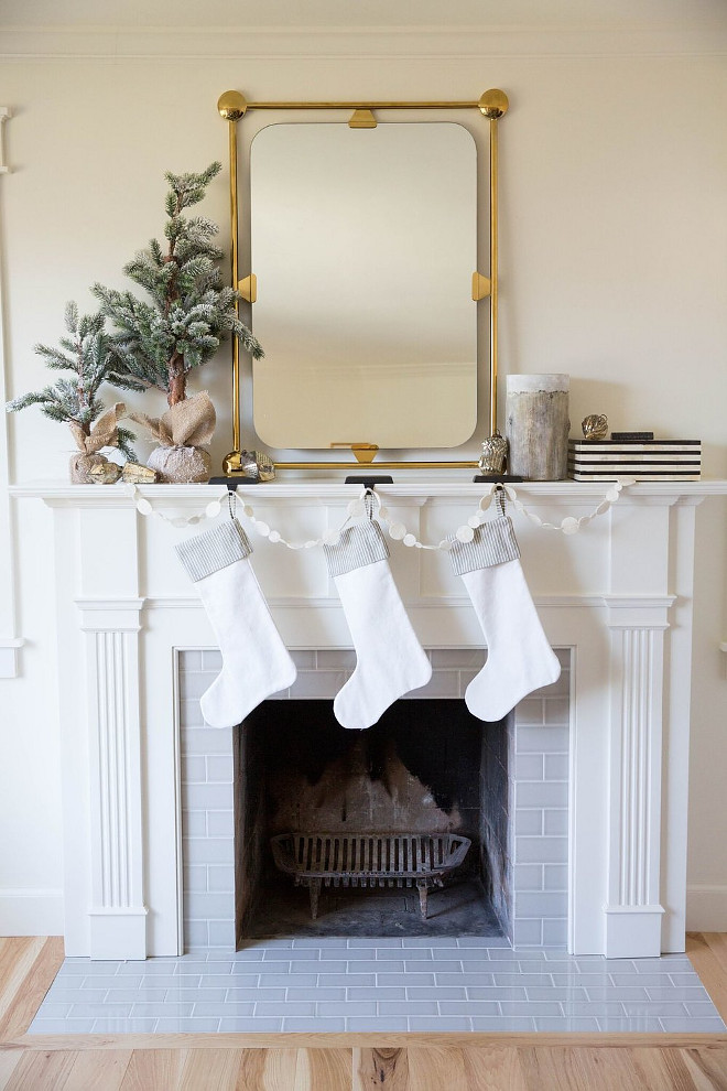 White Stockings Christmas mantel with brass mirror and White Stockings #WhiteStockings