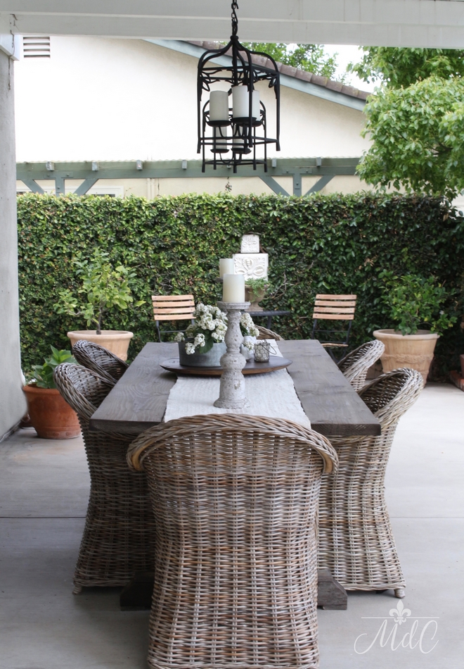 Patio Table: made by my husband. Patio dining chairs: World Market Outdoor chandeliers/lanterns: Pottery Barn Beautiful Homes of Instagram @maisondecinq