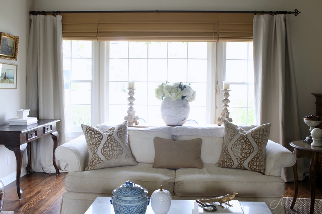 Window treatment are custom wood matchstick shades and linen drapes from Pottery Barn. Beautiful Homes of Instagram @maisondecinq