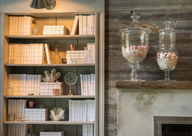 Bookcase and reclaimed wood shiplap walls, Living room features bookcase, reclaimed wood shiplap walls and concrete fireplace Bookcase and reclaimed wood shiplap walls The mantel features antique reclaimed wood #Bookcase #reclaimedwoodshiplap #concretefireplace
