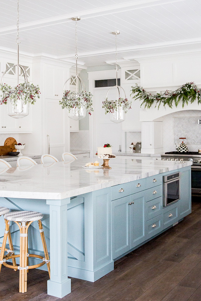 Coastal Kitchen Christmas Decor I love the Serena & Lily counterstools and the light blue island with marble countertop Coastal Kitchen Christmas Decor Ideas Coastal Kitchen Christmas Decor