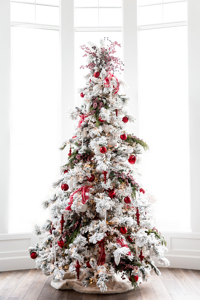 Flocked Tree with Red Christmas Decor Flocked Tree with Red Christmas Decoration Flocked Tree with Red Christmas Decor Via Pink Peonies
