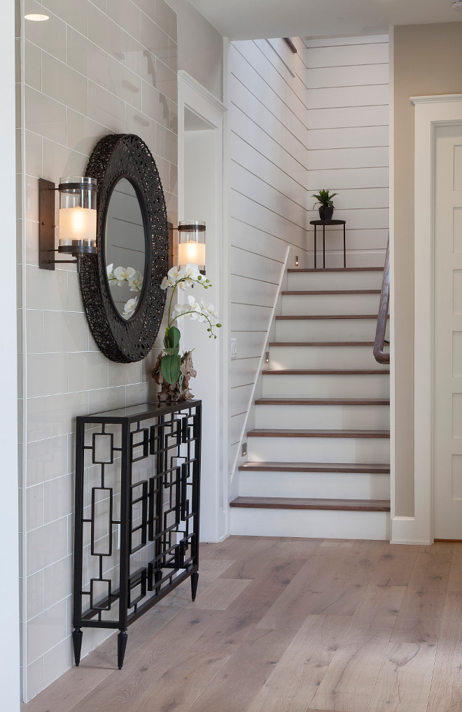 Foyer Ideas This foyer features a combination of shiplap accent tile wall and White Oak hardwood flooring #foyer #shiplap #walltile #tile #whiteoak #hardwoodflooring Home Bunch