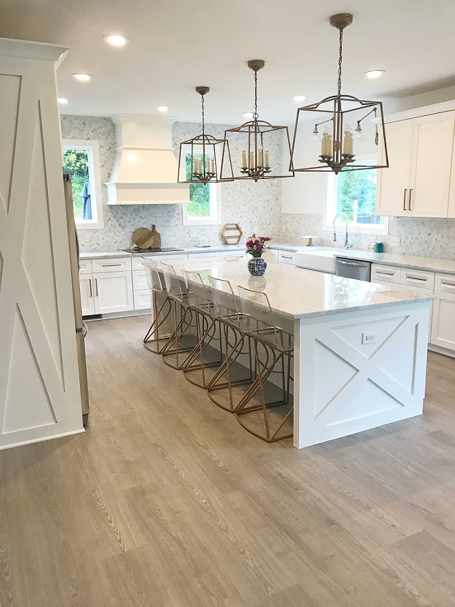 Modern Farmhouse Kitchen with X detail on island ends and side of fridge cabinet Kitchen with X detail on island ends and side of fridge cabinet #kitchen #Xislanddetail #xcabinet Home Bunch Beautiful Homes of Instagram