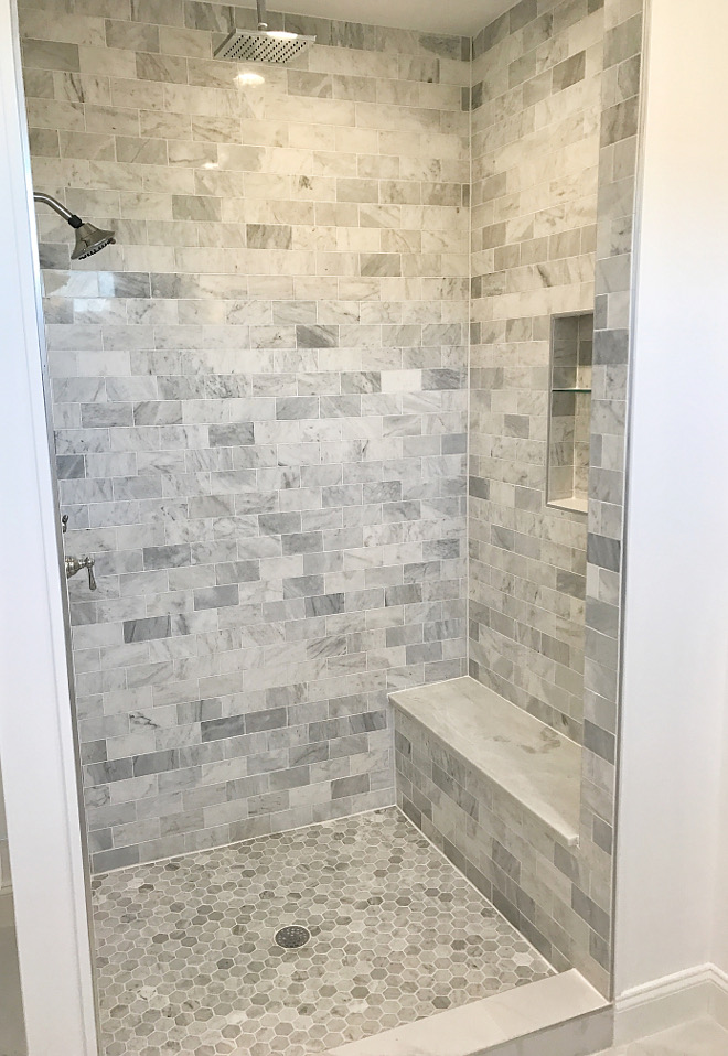 Shower Tile Shower Tile Ideas Shower floor is Carrara marble hexagon tile and walls are Carrara 3x6 subway tile Shower seat is a solid slab of Mont Blanc marble #shower #tile Home Bunch Beautiful Homes of Instagram