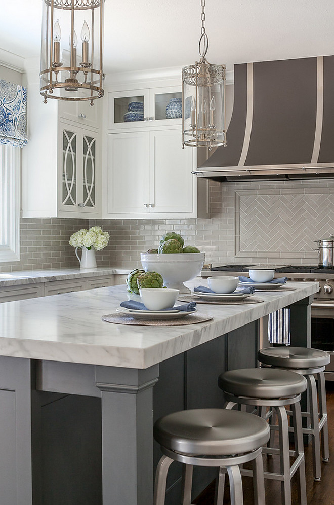 Classic White Kitchen with Grey Backsplash - Home Bunch Interior Design