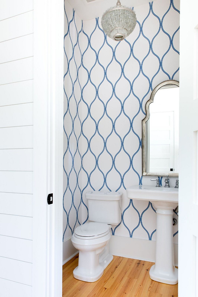 Blue and white Wallpaper Bathroom with blue and white wallpaper, coastal chandelier, Currey and Company Shoreline 1 Light Pendant with Harlow Silver Leaf/Seaglass, and pedestal sink