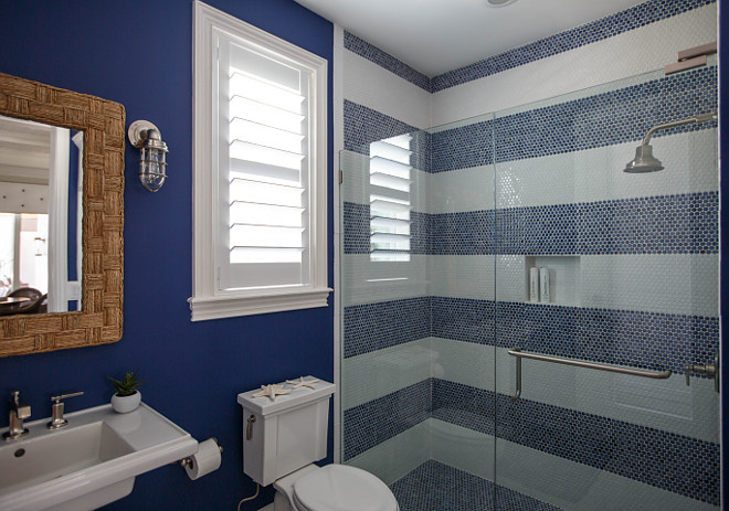 Blue and white bathroom with striped tile Blue and white striped tile Striped shower tile