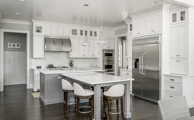 Benjamin Moore Paper white OC-55 The tongue and groove kitchen ceiling paint color is Benjamin Moore Paper white OC-55