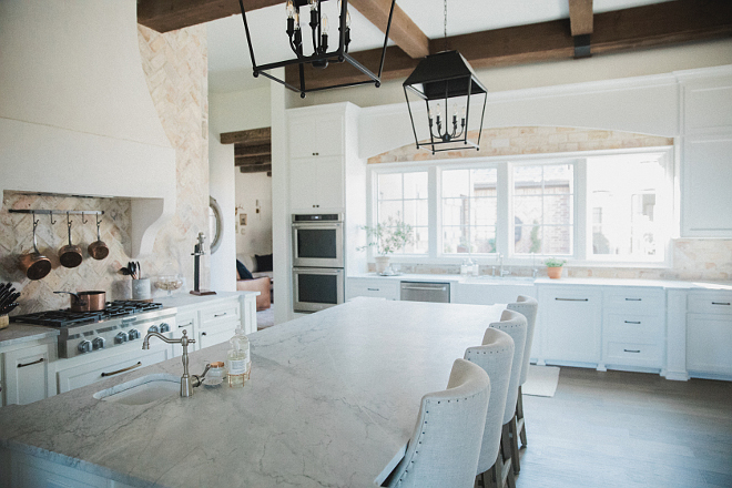 Kitchen countertop is honed arabescato marble