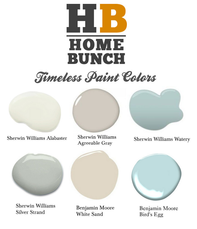 Timeless Paint Colors Color Palette Timeless Paint Colors Color Palette Sherwin Williams Alabaster Benjamin Moore Bird's Egg Sherwin Williams Agreeable Gray Sherwin Williams Watery Sherwin-Williams Silver Strand Benjamin Moore White Sand #TimelessPaintColors #ColorPalette